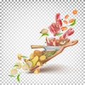 Vector dynamic 3d illustration of a composition of pork bacon, onions, carrots, spools, zucchini, arugula, peas, peppers