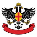 Eagle two headed heraldry with pair of swords and blank ribbon