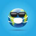 Vector earth globe smile sticker with mouth medical protection mask and sunglasses isolated on blue background. Earth Royalty Free Stock Photo