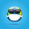 Vector earth globe smile sticker with mouth medical protection mask and sunglasses isolated on blue background. Earth Royalty Free Stock Photo