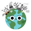 Vector earth for kids. Earth day illustration with sad kawaii polluted planet. Environment friendly icon with globe and power Royalty Free Stock Photo
