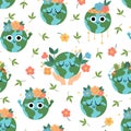 Vector earth seamless pattern for kids. Earth day repeat background with cute kawaii smiling planets. Environment friendly digital