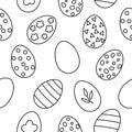 Vector Easter black and white eggs seamless pattern. Spring outline repeating background with decorative elements. Traditional