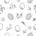 Vector Easter black and white seamless pattern with eggs and first flowers. Spring outline repeating background. Traditional