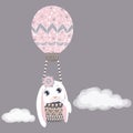 Vector Easter bunny in air balloon. Funny fashion rabbit. Happy