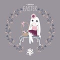 Vector Easter bunny with eggs. Funny fashion rabbit. Happy Easte