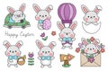 Vector Easter bunny set for kids. Cute kawaii rabbits collection. Funny cartoon characters. Traditional spring holiday symbol