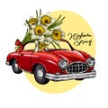 Vector Easter car. Retro automobile driving a bouquet of daffodils. Hand drawn vector illustration. Engraved colored art