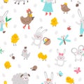 Vector Easter characters seamless pattern. Spring birds and insects repeating background. Cute animal digital paper for kids. Royalty Free Stock Photo