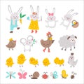 Vector Easter characters set. Spring birds and insects collection. Cute animal icons pack for kids. Funny bunny family, chicks,