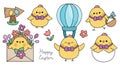 Vector Easter chicks set for kids. Cute kawaii chickens collection. Funny cartoon characters. Traditional spring holiday symbol