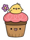 Vector Easter cupcake for kids. Cute kawaii chocolate cup cake with pink icing, flower and chick on top. Funny cartoon character. Royalty Free Stock Photo