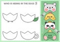 Vector Easter cut and glue activity. Crafting game with cute kawaii egg shell. Fun spring holiday printable worksheet. Find the Royalty Free Stock Photo