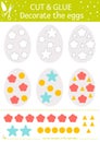 Vector Easter cut and glue activity. Holiday educational crafting game with cute colored eggs. Fun spring activity for kids.