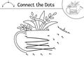 Vector Easter dot-to-dot and color activity with cute watering can with plants. Spring holiday connect the dots game for children