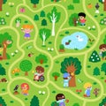 Vector Easter egg hunt repeat background. Cute seamless pattern with landscape map with kids, trees, bushes, basket, nature Royalty Free Stock Photo