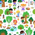 Vector Easter egg hunt seamless pattern. Repeat background with cute kids, trees, bushes, insects, colored eggs, basket, nature Royalty Free Stock Photo