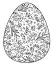 Vector Easter egg shape for coloring. Floral, spring pattern, black outline