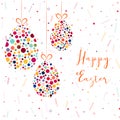Vector Easter eggs with confetti. Happy Easter greeting card, carnival spring festival background. Kids festive background with
