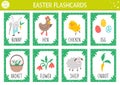 Vector Easter flash cards set. English language game with cute bunny, hen, chicken, Easter eggs for kids. Spring holiday