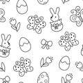 Vector Easter gifts seamless pattern. Line farm repeat background with chocolate bunny, eggs, butterfly, bow, tulip flowers. Royalty Free Stock Photo