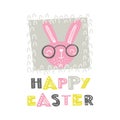 Vector Easter greeting card with funny rabbit, decorative frame and lettering. Royalty Free Stock Photo