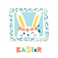 Vector Easter greeting card with funny rabbit, decorative frame and lettering. Royalty Free Stock Photo