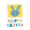 Vector Easter greeting card with funny rabbit, decorative frame and lettering. Royalty Free Stock Photo
