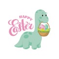 Vector Easter greeting card with hand drawn lettering Easter, flat baby dino brontosaurus with dinosaur eggs in backet for holiday