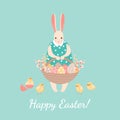 Vector Easter greeting card with a happy Easter bunny carrying basket with painted eggs and flowers and little chickens Royalty Free Stock Photo