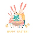 Vector Easter greeting card with a happy family of Easter bunnies carrying basket with painted eggs and flowers and little Royalty Free Stock Photo