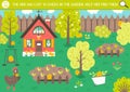 Vector Easter holiday searching game with cute hen and chickens in the garden. Find hidden chicks in the picture. Simple fun
