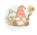 Vector Easter illustration with funny spring gnome sit with daffodil and basket full of Easter eggs isolated. Royalty Free Stock Photo