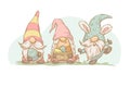 Vector Easter illustration with three funny spring gnome with Easter eggs and basket isolated.