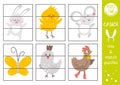 Vector Easter mix and match puzzle with traditional holiday characters. Spring cut out matching activity for preschool children.
