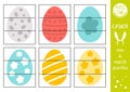Vector Easter mix and match puzzle with traditional holiday symbols. Spring cut out matching activity for preschool children.