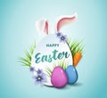 Vector Easter Party Flyer Illustration with eggs, rabbit ears and typography elements on nature blue background.