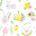 Vector Easter pattern with rabbits, eggs and cakes.