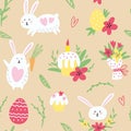 Vector Easter pattern with rabbits, eggs and cakes.