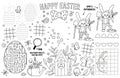 Vector Easter placemat for kids. Spring holiday printable activity mat with maze, tic tac toe charts, connect the dots, find