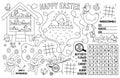 Vector Easter placemat for kids. Spring holiday printable activity mat with maze, tic tac toe charts, connect the dots, find