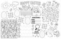 Vector Easter placemat for kids. Spring holiday printable activity mat with maze, tic tac toe charts, connect the dots, find