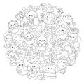 Vector Easter round line coloring page for kids with cute kawaii characters. Black and white spring holiday illustration with