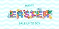Vector Easter sale banner of paper cut text lettering with Easter papercut egg, bunny, chick and chiken and spring cherry and tuli