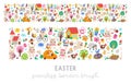 Vector Easter seamless border brush with traditional symbols, bunny, chick, colored egg. Repeat horizontal background for banners Royalty Free Stock Photo