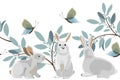 Vector Easter seamless pattern, border. Horizontal panoramic illustration with three bunnies. Royalty Free Stock Photo