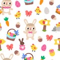 Vector Easter seamless pattern. Cute farm repeat background with bunny, chicks, basket, colored eggs, carrot, egg hunt sign, Royalty Free Stock Photo