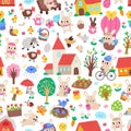 Vector Easter seamless pattern. Cute farm repeat background with bunny, chicks, church, colored eggs, basket, flowers, house, Royalty Free Stock Photo