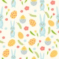 Vector Easter seamless pattern with eggs, birds, bunnies and stylized flowers. Endless texture for spring design Royalty Free Stock Photo