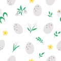 Vector Easter seamless pattern with eggs and first flowers. Spring flat repeating background with decorative elements. Traditional
